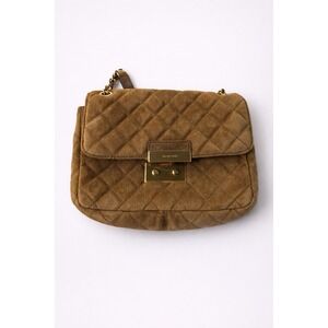 Michael Kors Sloan Small Tan Quilted Suede Gold‎ Chain Shoulder Bag Purse